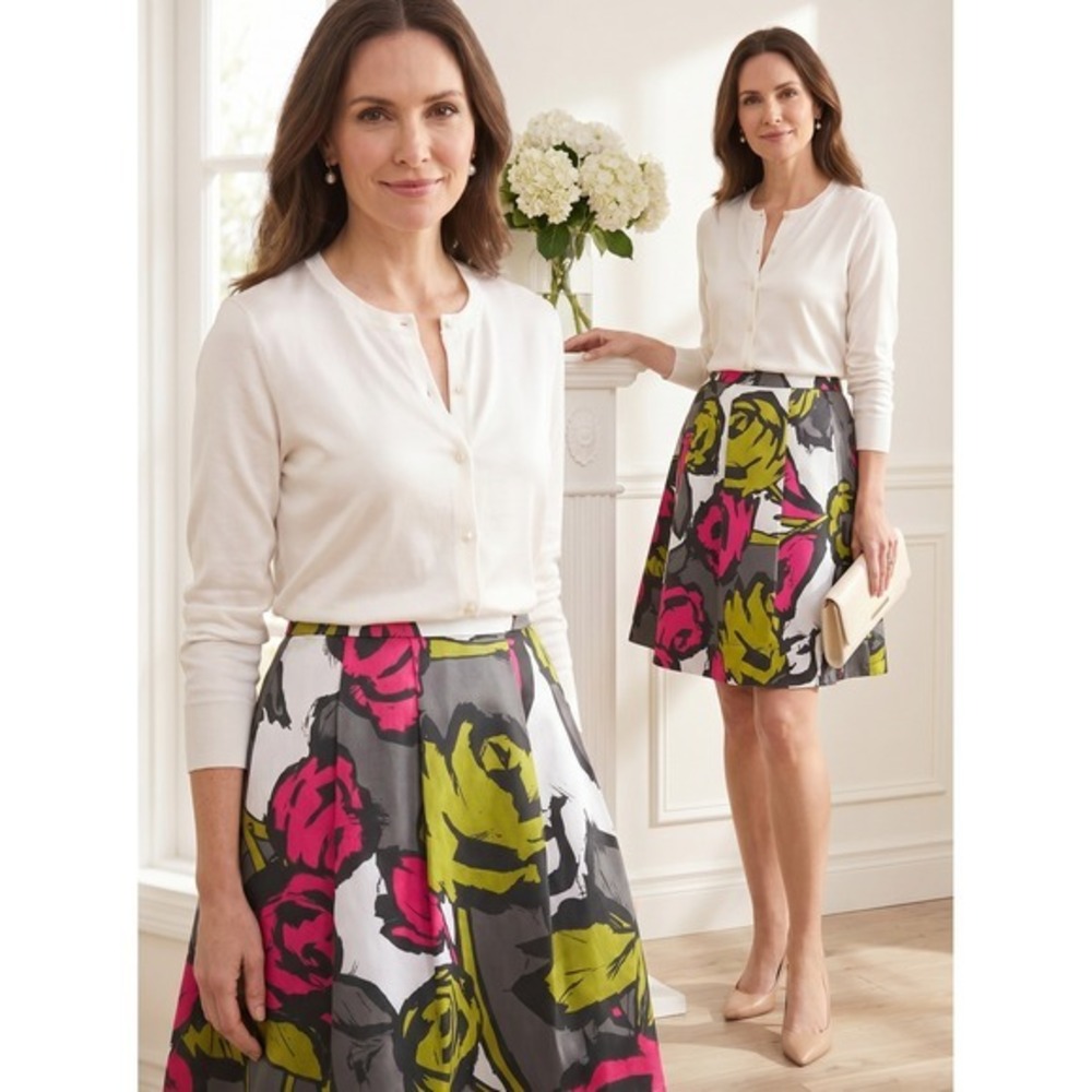 Trina Turk Silk Cotton Blend Floral A-Line‎ Skirt Pink Grey Green White Size 6